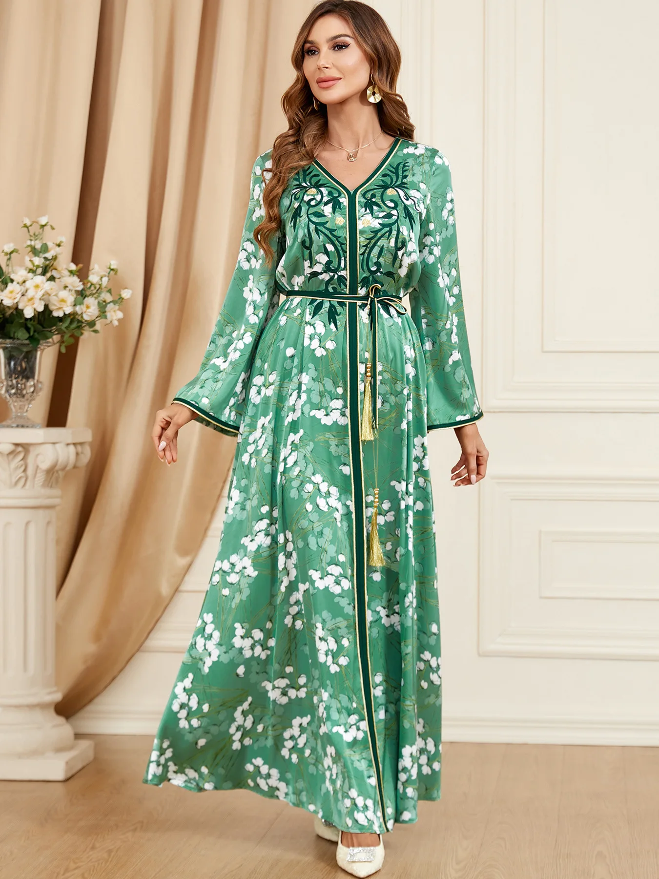 Autumn Muslim Jalabiya Dress for Women Print Abaya Ramadan Party Long Dresses Abayas Woman Lace-up Kimono Robe Caftan Vestidos