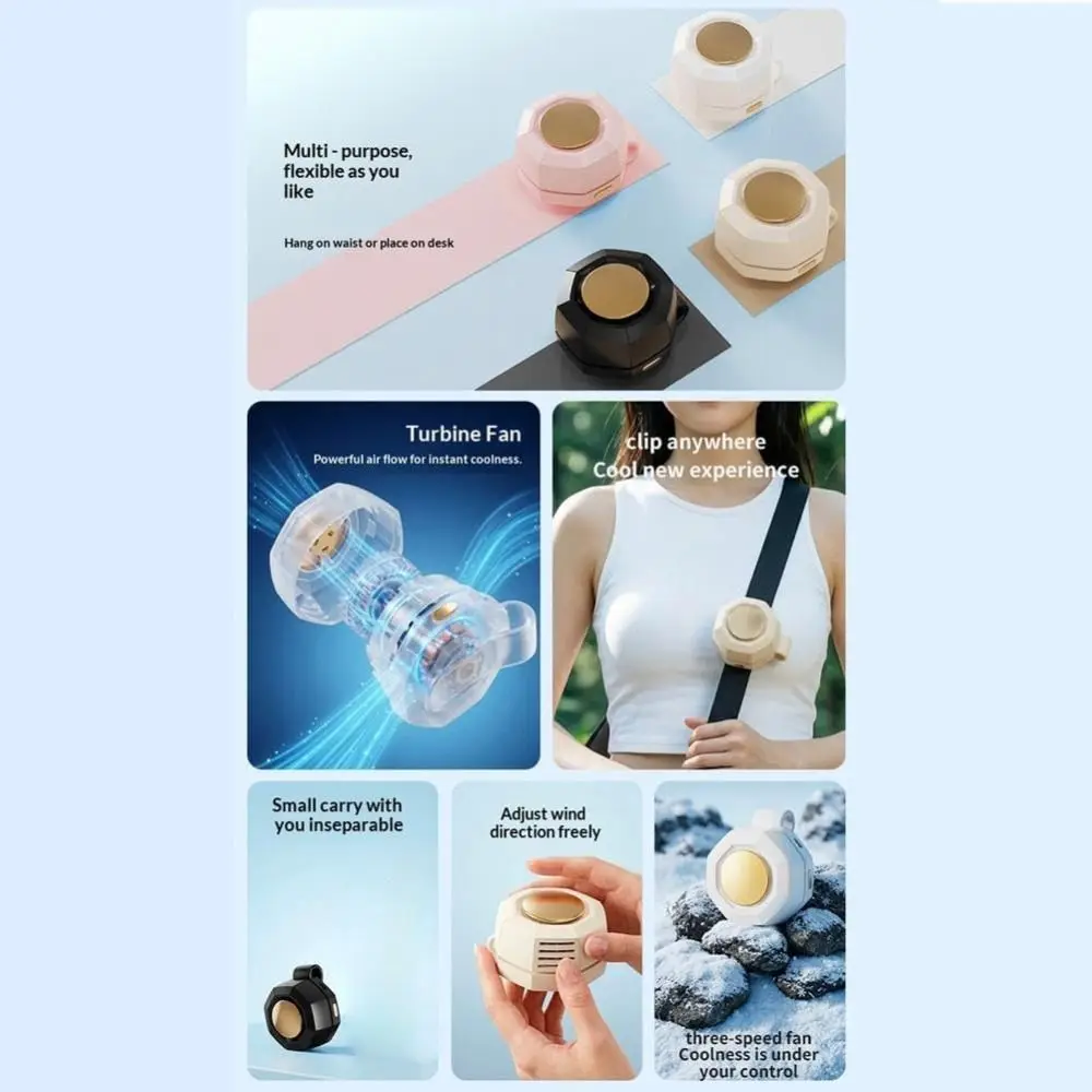 360 Degree Adjustable Silent Mini Bladeless Electric Fan Long-Lasting Wearable Clip-on Fan USB Rechargeable 3 Speeds