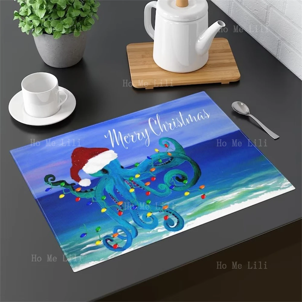 Christmas Blue Octopus Festive Lights Art Placemat Seaside Table Decoration Table Mat