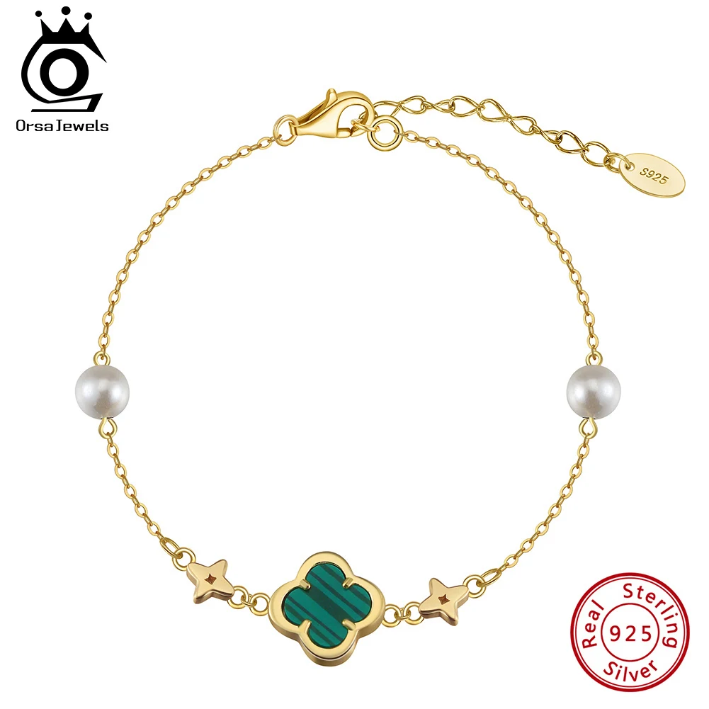 

ORSA JEWELS 925 Sterling Silver Green Malachite Four-Leaf Clover Bracelet O-Chain With Shell Pearl Symbol Of Riches & Luck GMB69