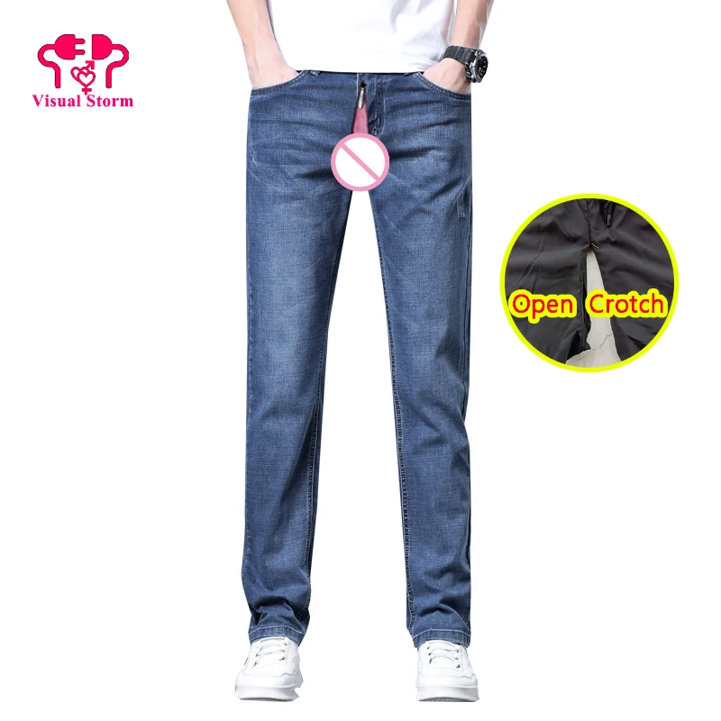 Men Sexy Open Crotch Jeans Pants Gay Clubwear Double Hidden Zippers Slim Panties Crotchless Cargo Pockets Trousers Outdoor Sex