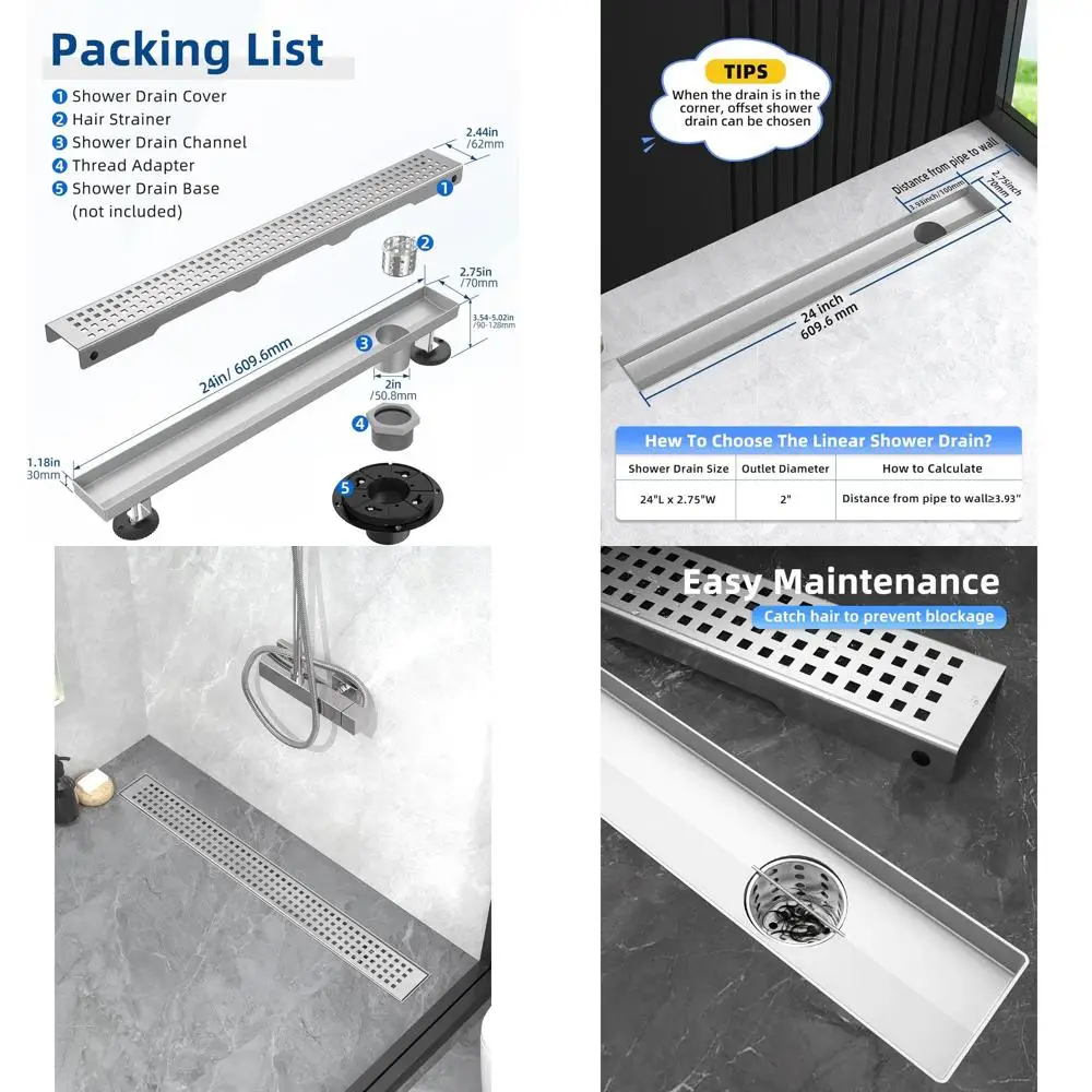 

24 Brushed Nickel Linear Shower Drain with Removable Grate, 304 Stainless Steel, Side Outlet, Hair Catcher, Adjustable Feet