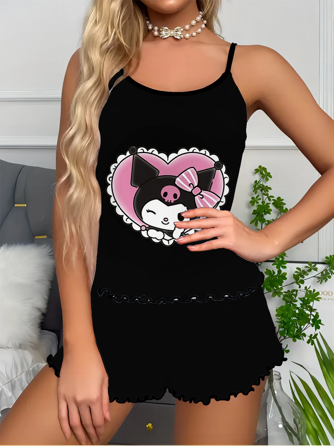 Kuromi Damen Pyjamas gedruckt Hosenträger Top Shorts niedlich süß sexy Slim Fit Satin Home Pyjamas Rundhals Hosenträger