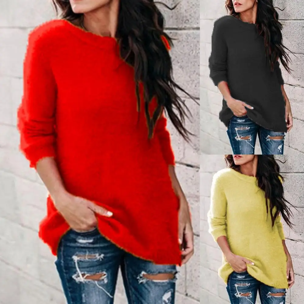 Sweater rajut wanita, atasan Pullover longgar leher O warna Solid kasual untuk S-5XL tarik femme