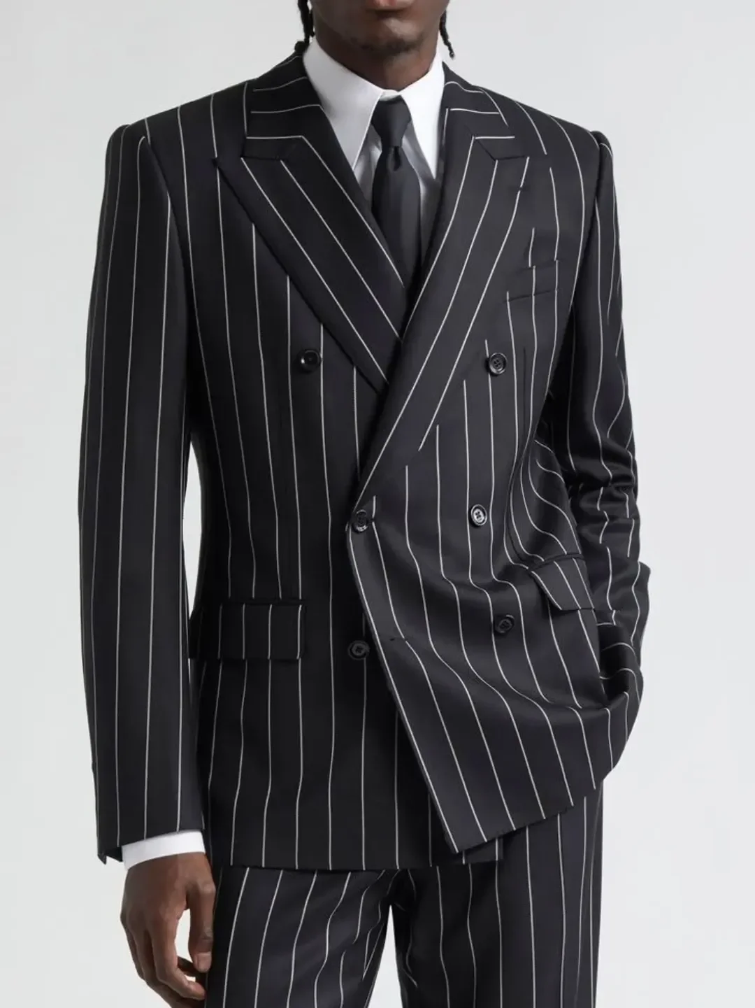 Men Black White Pinstripe 2 Pieces Suit Double Breasted Blazer And Trousers Slim Fit Formal Business Wedding Groom Customized