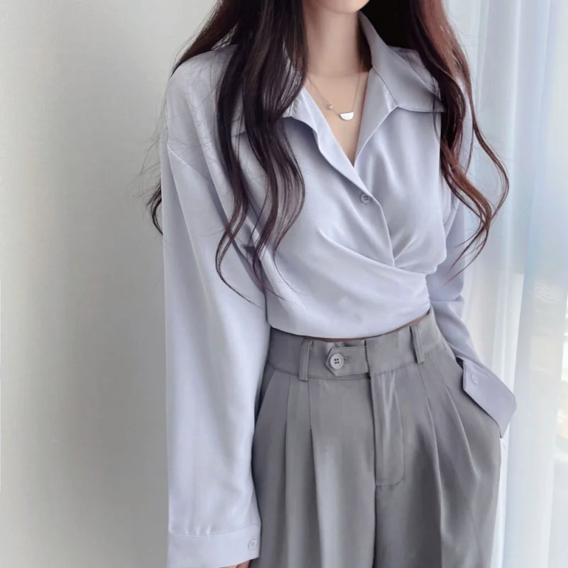 Chiffon Shirts Women Summer Long Sleeve Buttoned Up Shirt Loose Casual Blouse Tie Waist Elegant Blouses for Women