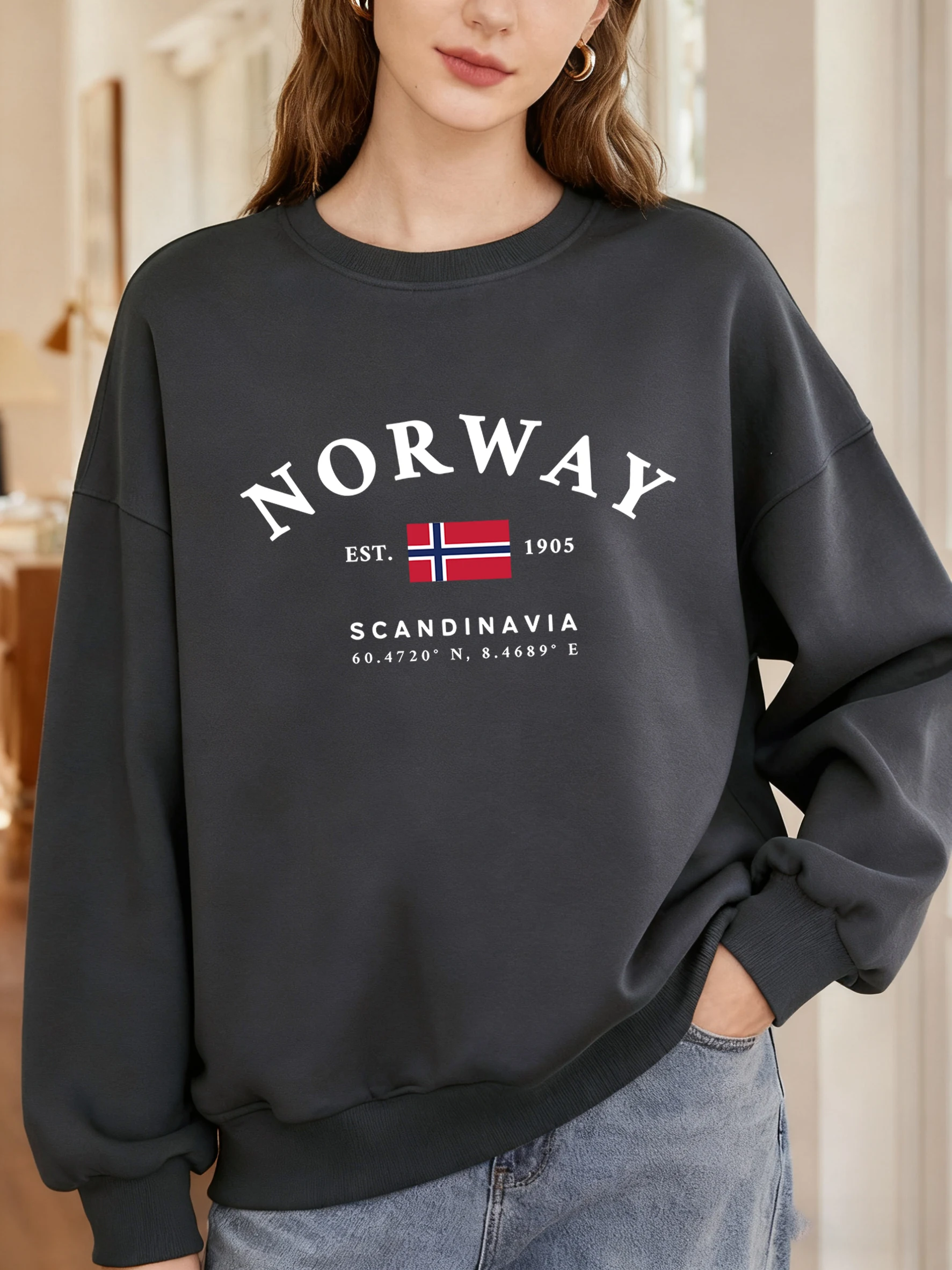 Norway Sandinavia Letter And Flag Design Sweatshirt Women Street Autumn Pullover Oversize Casual Sportswear Crewneck Clothes