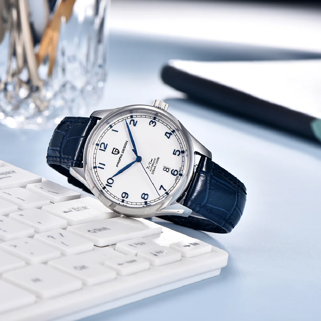 ページニ-男性用パイロット腕時計,トップブランド,自動,高級スポーツ,機械式腕時計,防水,本革,200m