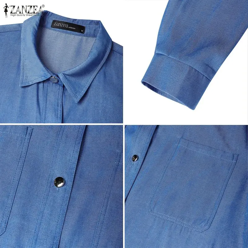 المرأة طويلة الأكمام قميص فستان 2026 الربيع نمط غير رسمي الياقات زر حتى جيوب الدنيم مثل فساتين متوسطة الطول ZANZEA ملابس امرأة #3