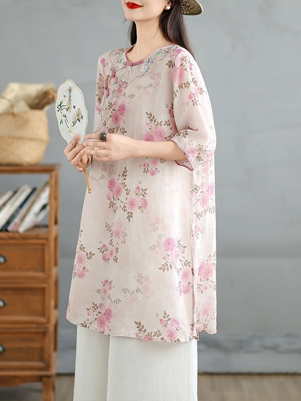 

Linen irt с вышитым принтом и пуговицами f Sve round Ne средней длины, повседневная летняя мода для женщин больших размеров