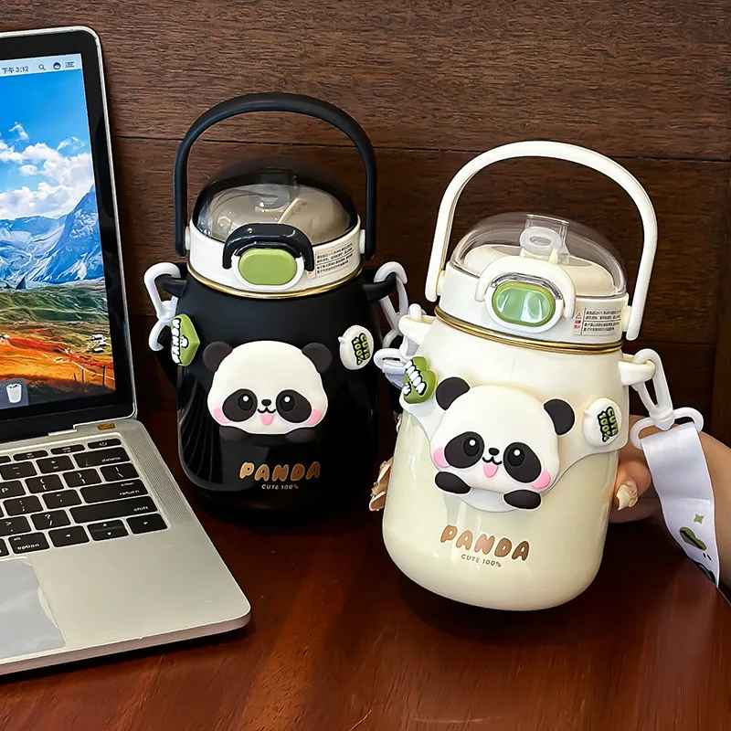 Water Bottle Trend School Drinking Pot New Panda Straw Vacuum Collapsible Handle Adjustable Strap Belly Insulation Birthday Gift