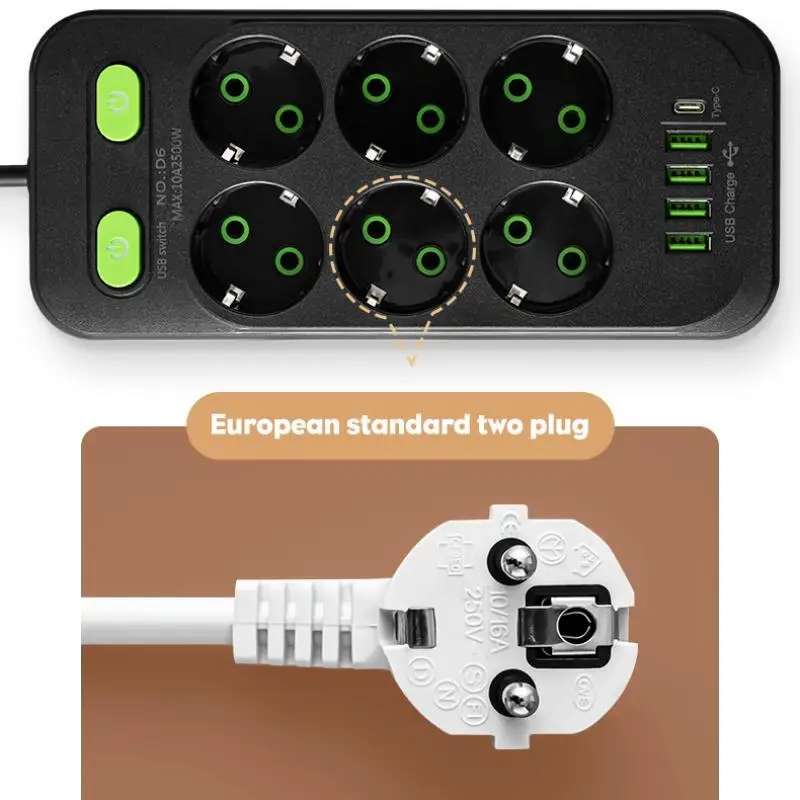 EU Plug Power Strip 6 AC Outlet Multitap Extension With 5 USB Ports 3m Cord Electrical Socket 2500W Fast Charge Surge Protector