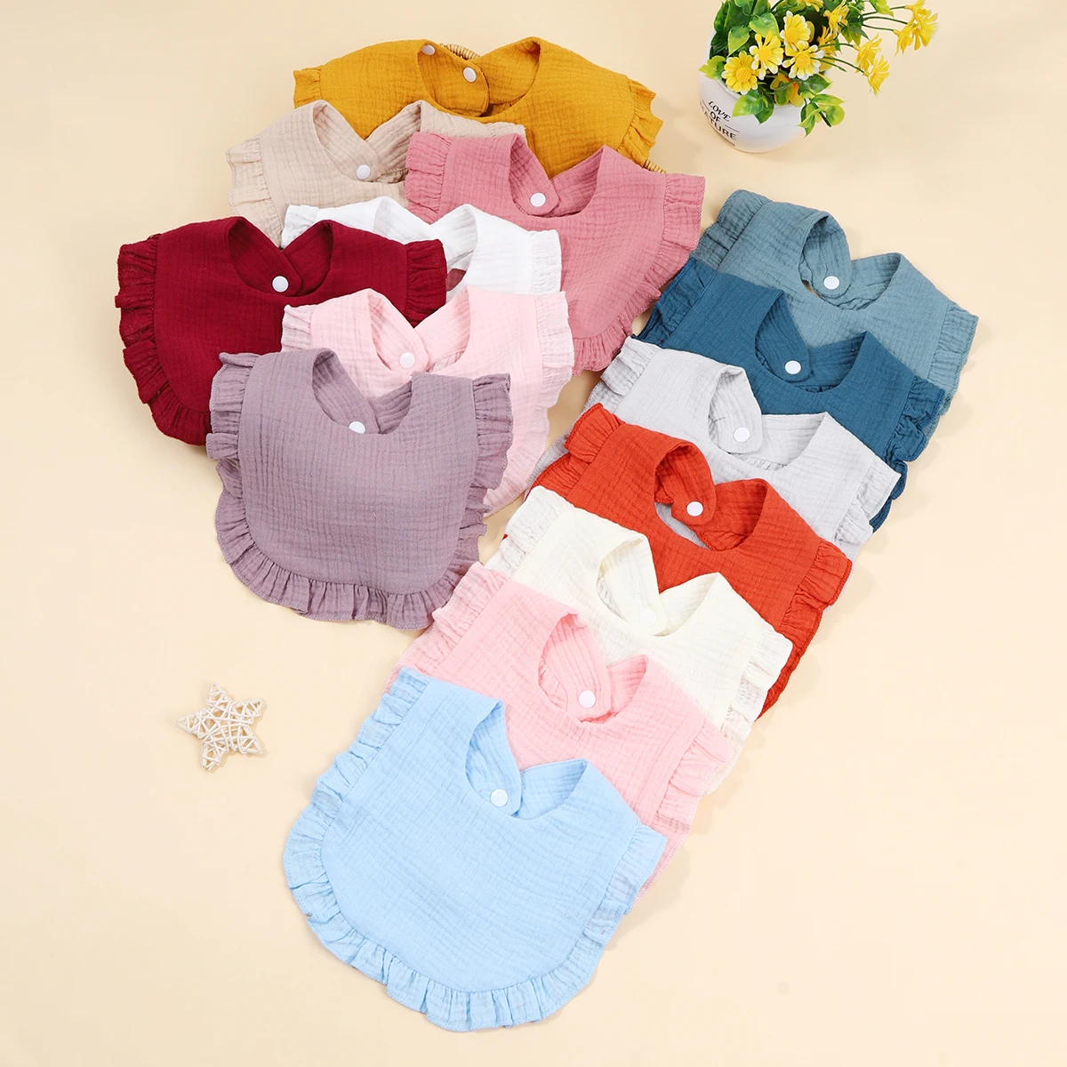 6Pcs/Lot Ribbed Baby Bibs Hair Bows Headbands for Baby Boys Girls Ruffled Flower Saliva Towel Feeding Burp Cloth Scarf Headwear image 4