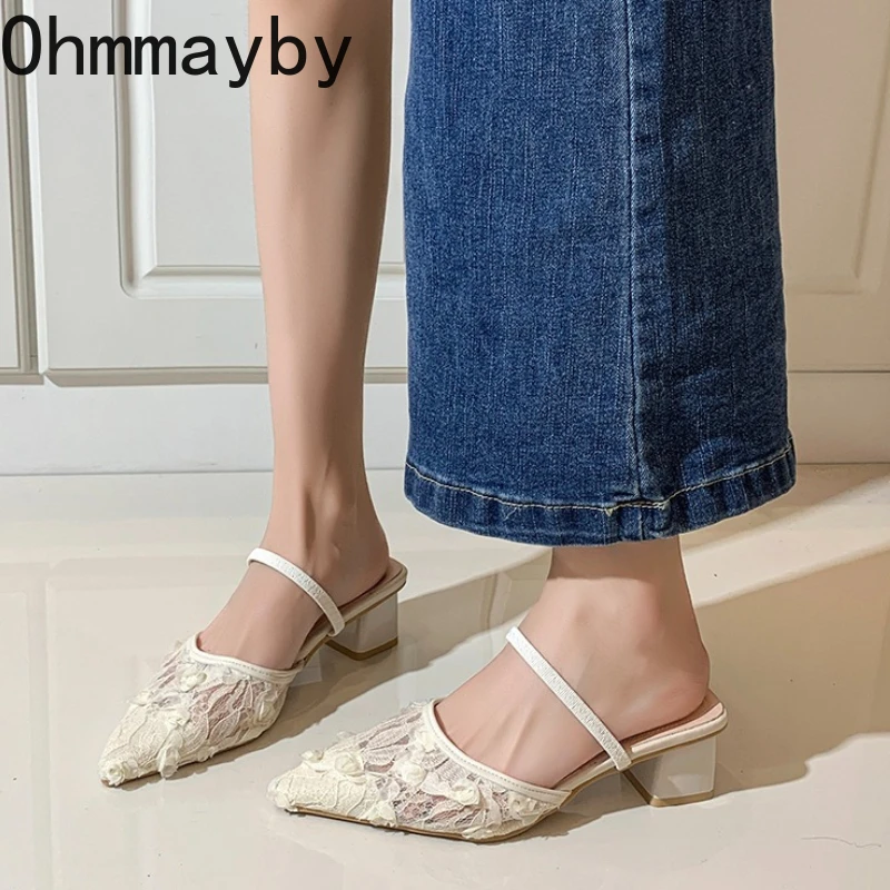 

New Summer Fashion Cover Toe Lace Slippers Women's Thick Heels Wedding Party Slip On Slide Shoes Zapatos De Mujer