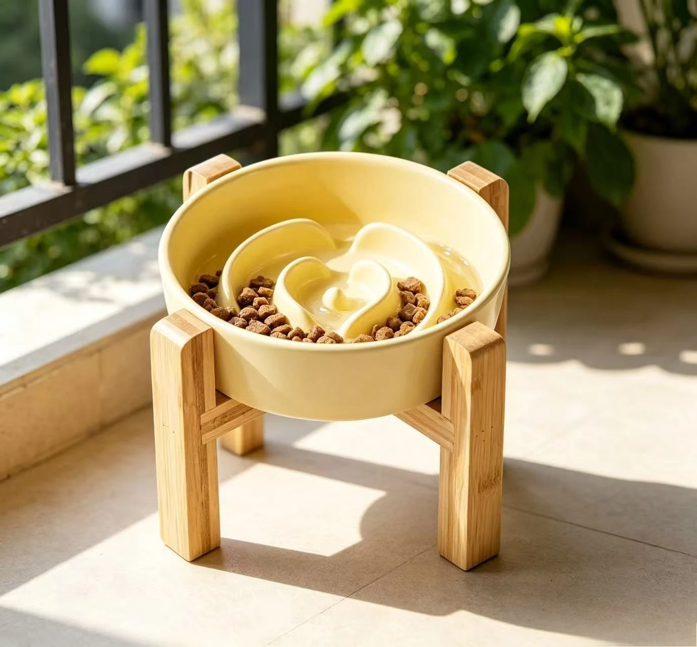 Elevated slow feeding bowl Ceramic pet slow feeding bowl, with bamboo and wood brackets, small pet anti-choking plate