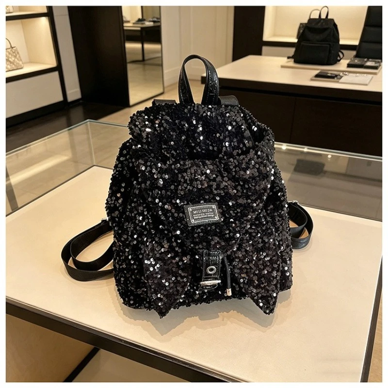 Silver Sequin Drawstring Backpack Women Sparkly Adjustable Strap Bucket Bag Multi-use Handbag Daily Travel Shoulder Bag