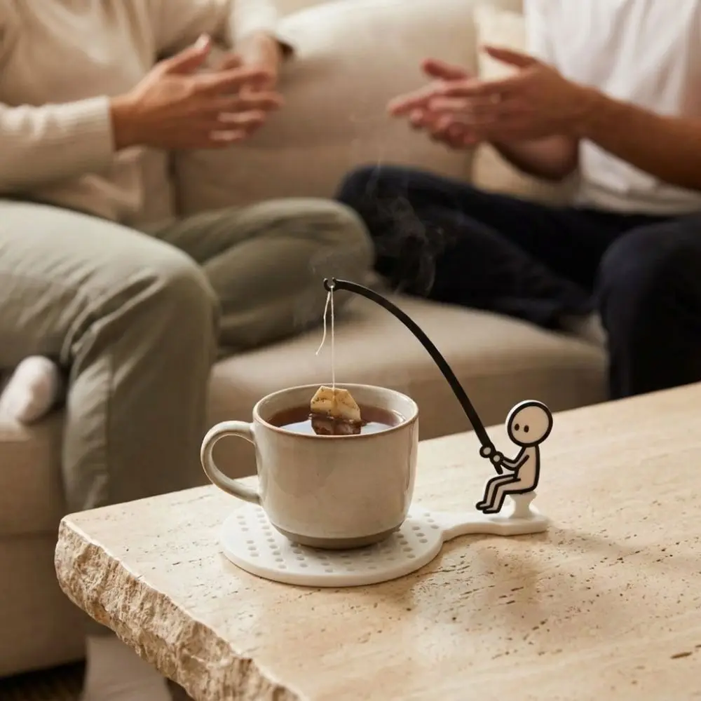 Portable Fishing Man Tea Bag Holder Heat-resistant Desk-mounted/Table Clamp Fisherman Tea Bag Stand Drip-catching Coaster