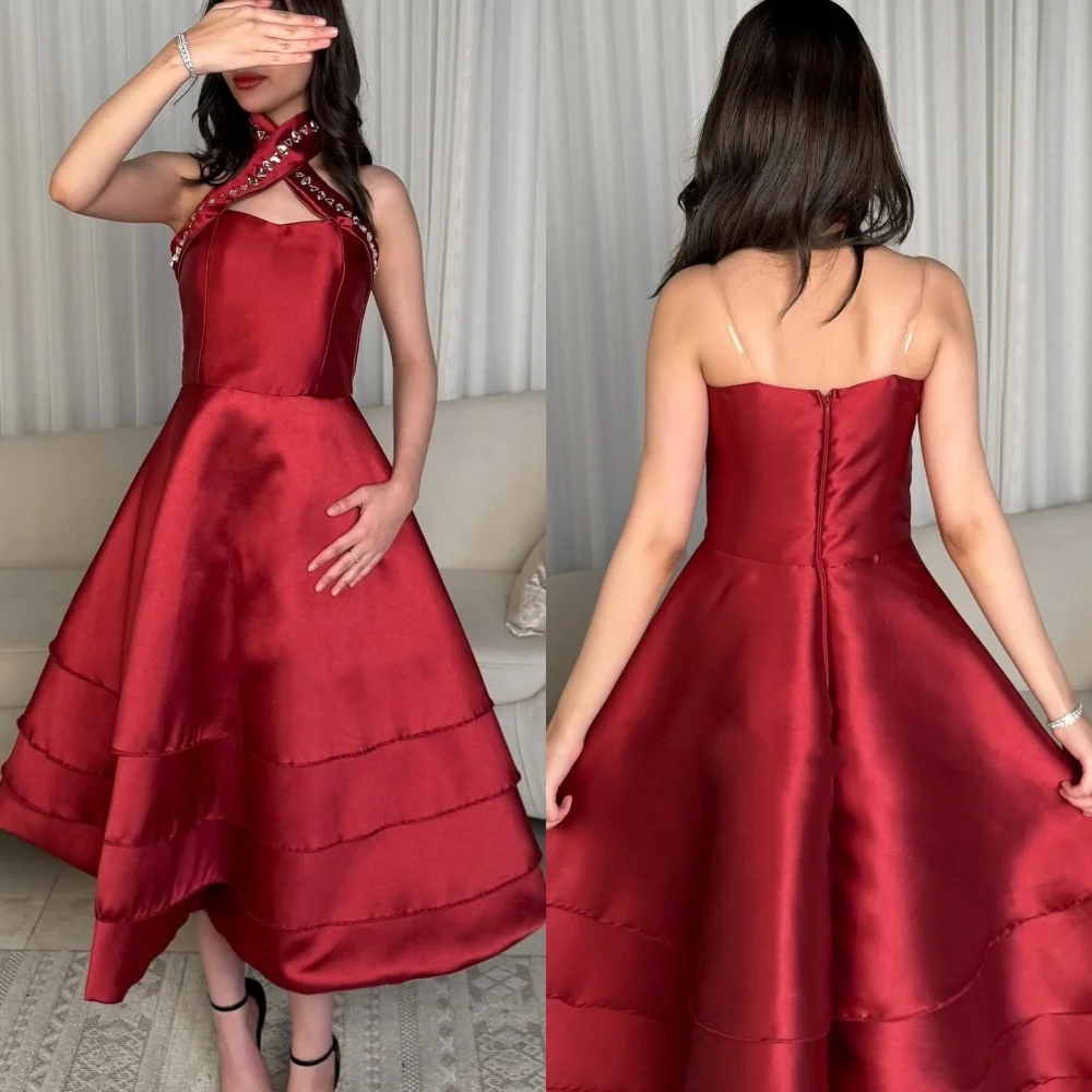 

Customized Sexy Modern Style Pleat Rhinestone A-line Halter Midi Dresses Bespoke Occasion Dresses High Quality Fashion Classic