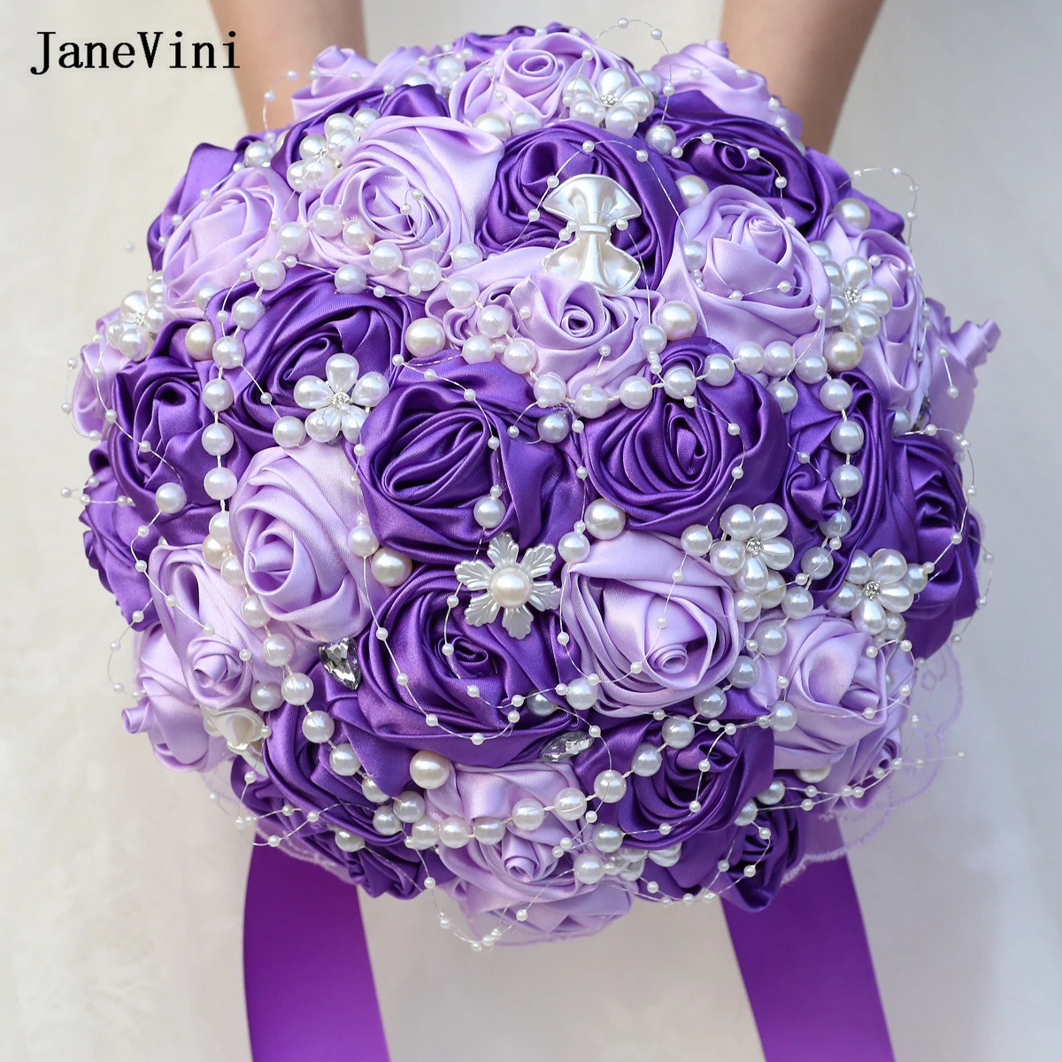 

JaneVini Elegant Bridal Bouquets Artificial Satin Roses Flower Pearls Purple Bouquets Bride Wedding Accessories Ramo De La Novia