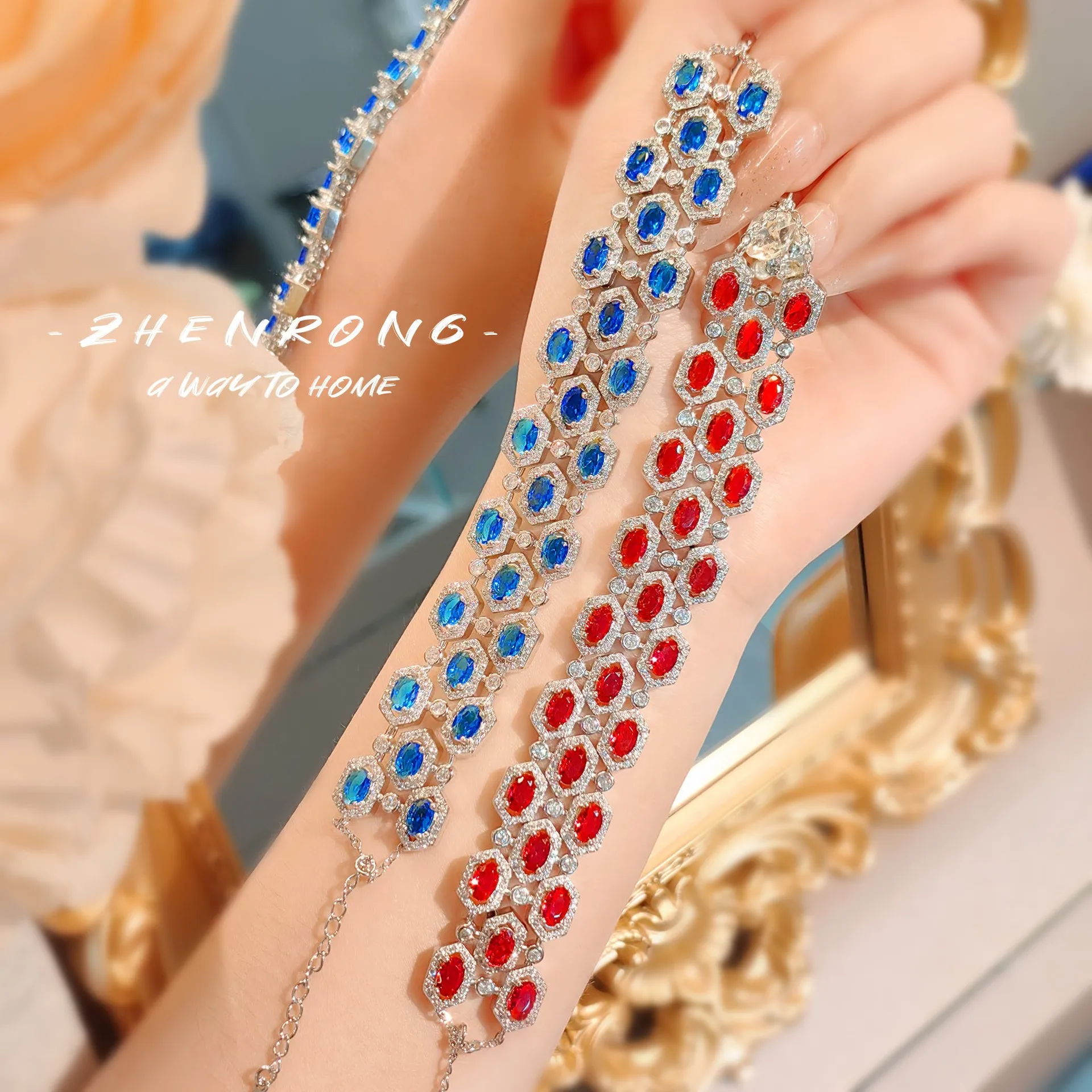 Foydjew Exquisite Luxury Blue Cobalt Spinel/Red corundum Bracelets Women's Silver Color Wide Face 16+3cm Chain Bracelet