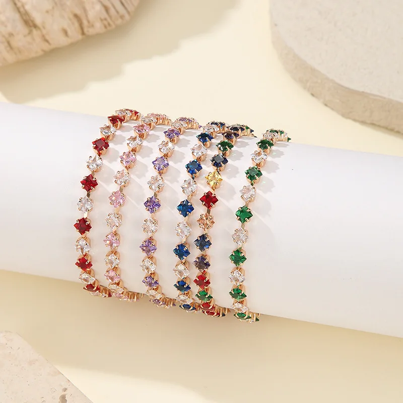 Fashionable light luxury copper cube zirconia stone sparkling bracelet, with real gold, colored zircon, high-end light luxury