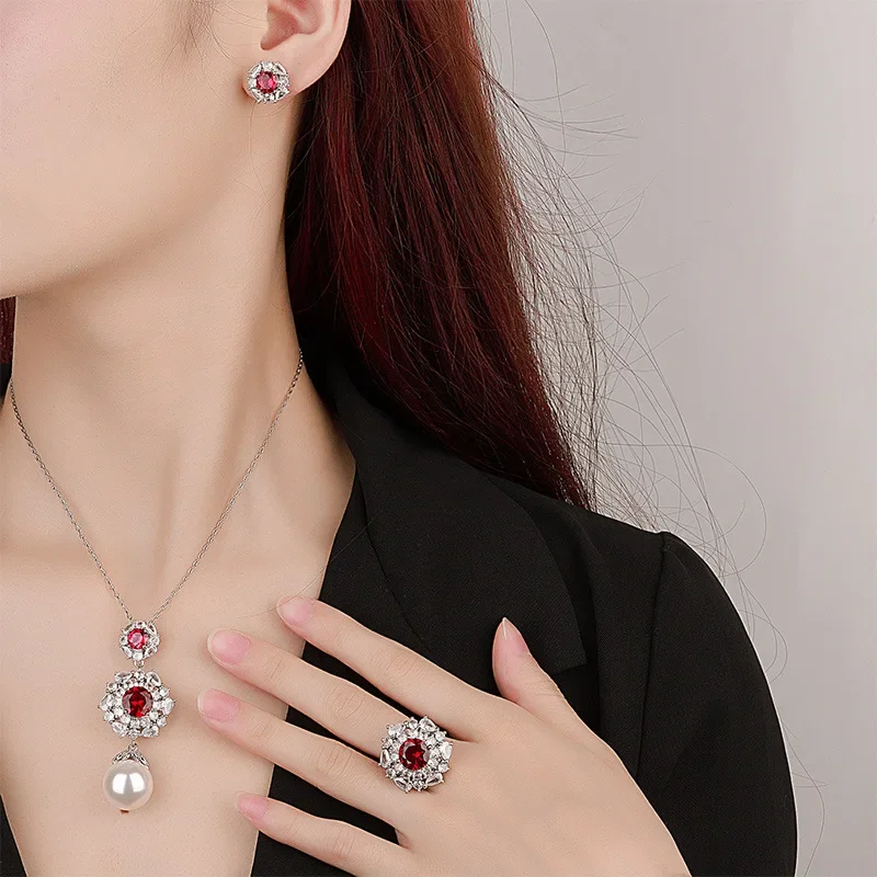 

S925 Silver Plated 18K Gold Plated PT950 Platinum Red Corundum Round Temperament Light Luxury Set Women's 10mm7m Jewelry