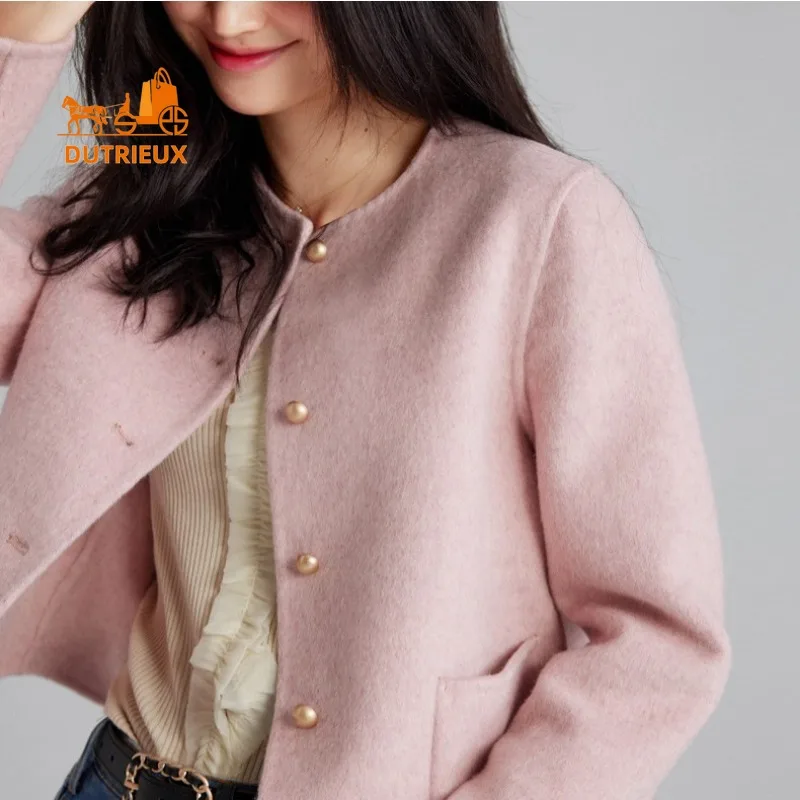 New Winter Women\'s Coat , High-end Double-sided 100% Wool Coat Gentle Short Top Round Neck Elegant Cashmere Jacket for Travel
