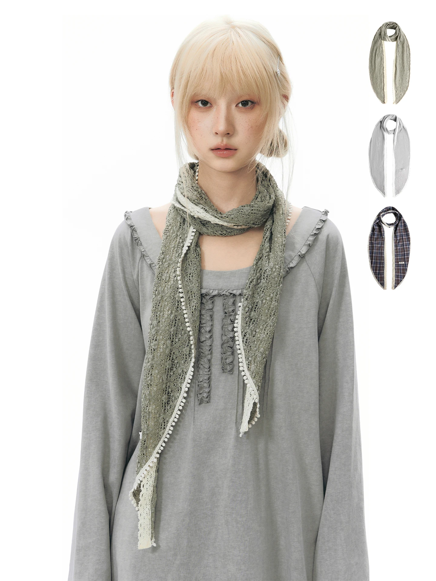 napsnaps-オリジナルレトロフリルパッチワークスカーフ女性の秋のテクスチャ薄いロングファッションアクセサリー新しい綿幅-22-センチメートル