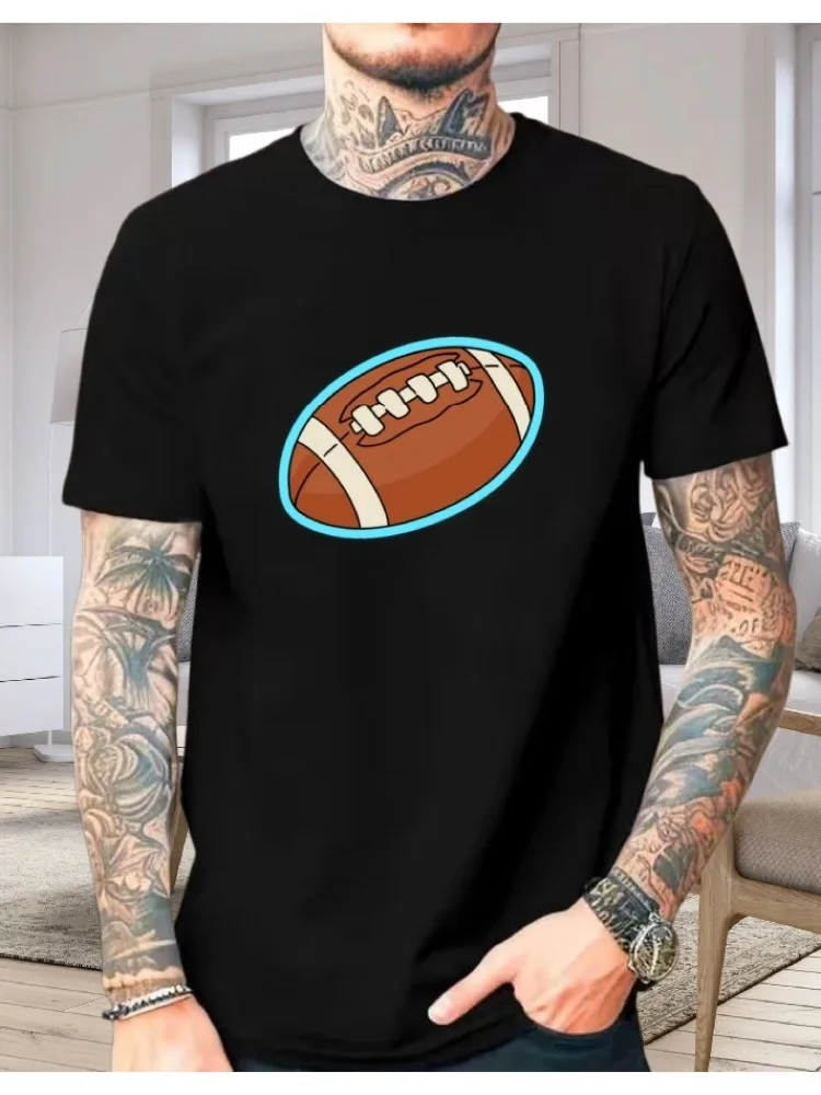 Mens Dark Gray Loose Cotton Tee Cartoon American Football Outline Graphic Crew Neck Short Sleeve Sport Casual Male Street Top