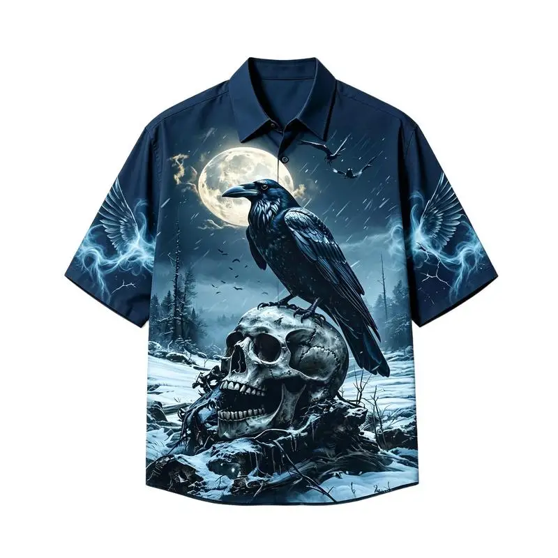 Men's 3D Raven Skull Print Short Sleeve Button Up Shirt Gothic Moon Graveyard Skeleton Hawaiian Shirt Halloween Streetwear Tops