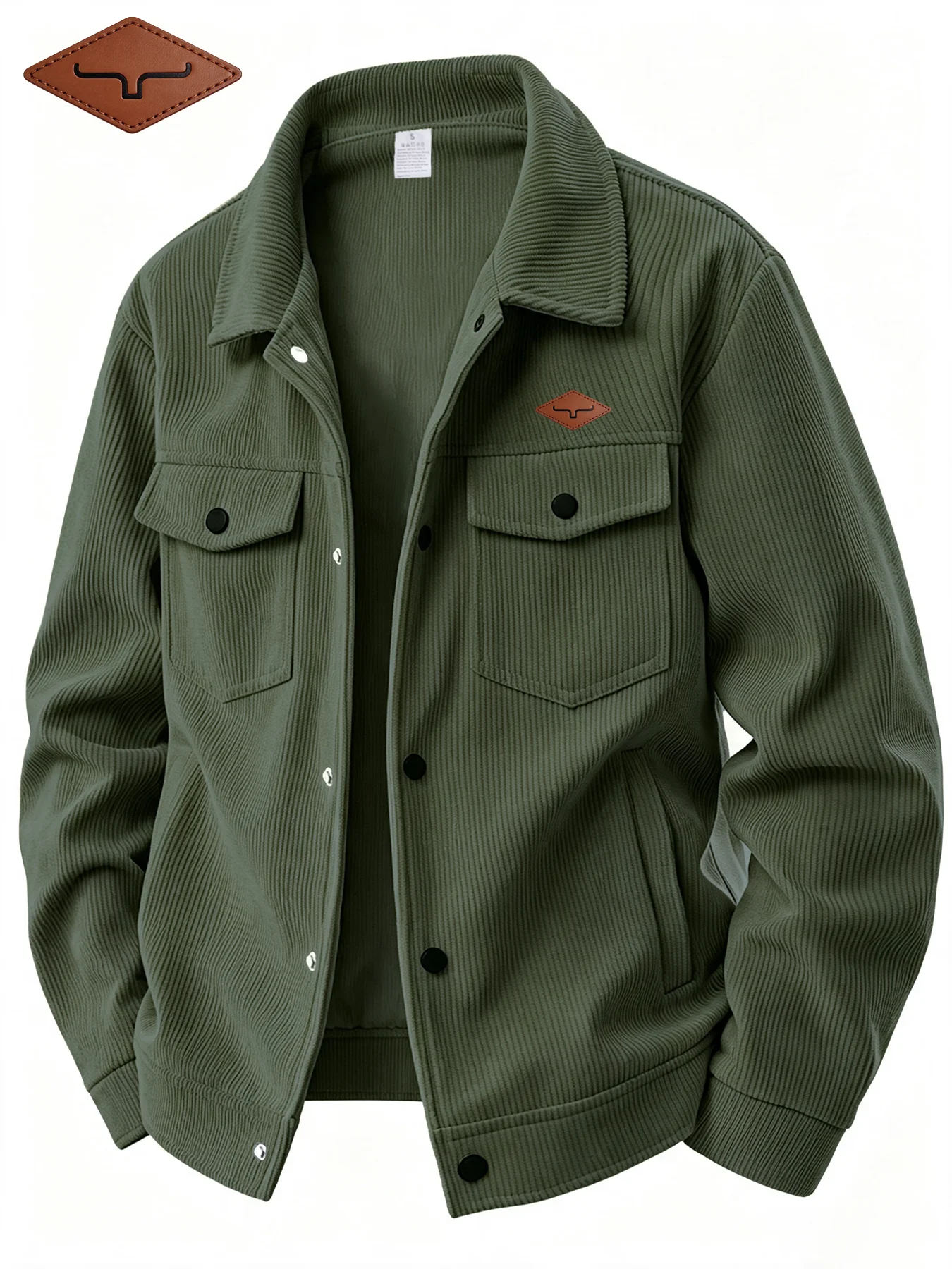 Men's Corduroy Lapel Jacket Casual Button Down Trucker Coat With Leather Patch, Solid Color Long Sleeve Outerwear For Daily Wear