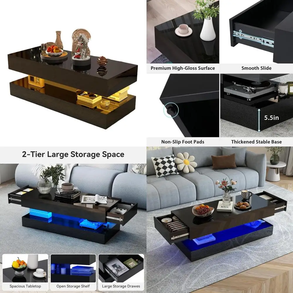 

2-Tier High Gloss LED Coffee Table with Storage and Sliding Drawers for Living Room, Black