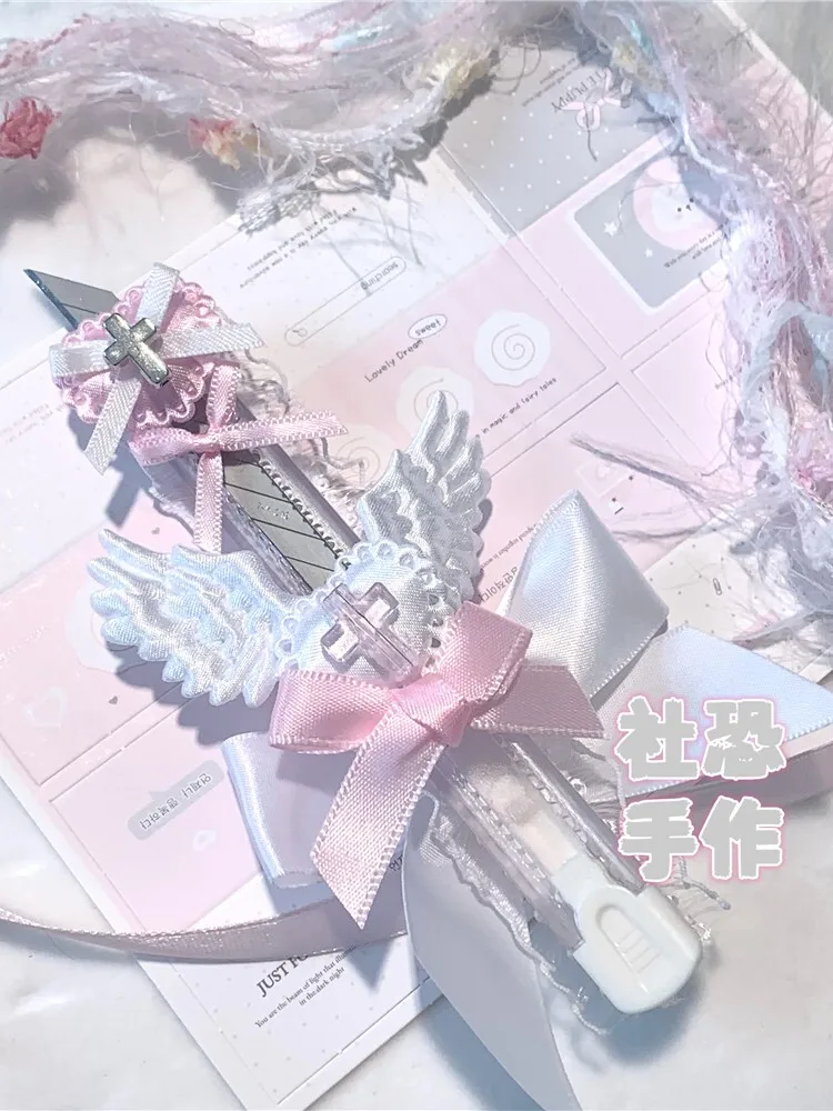 Sweet Pink Lace Wings Handmade Decor Knife Art Kawaii Utility Knife Pain Angel Pink Girl Y2k Ornament
