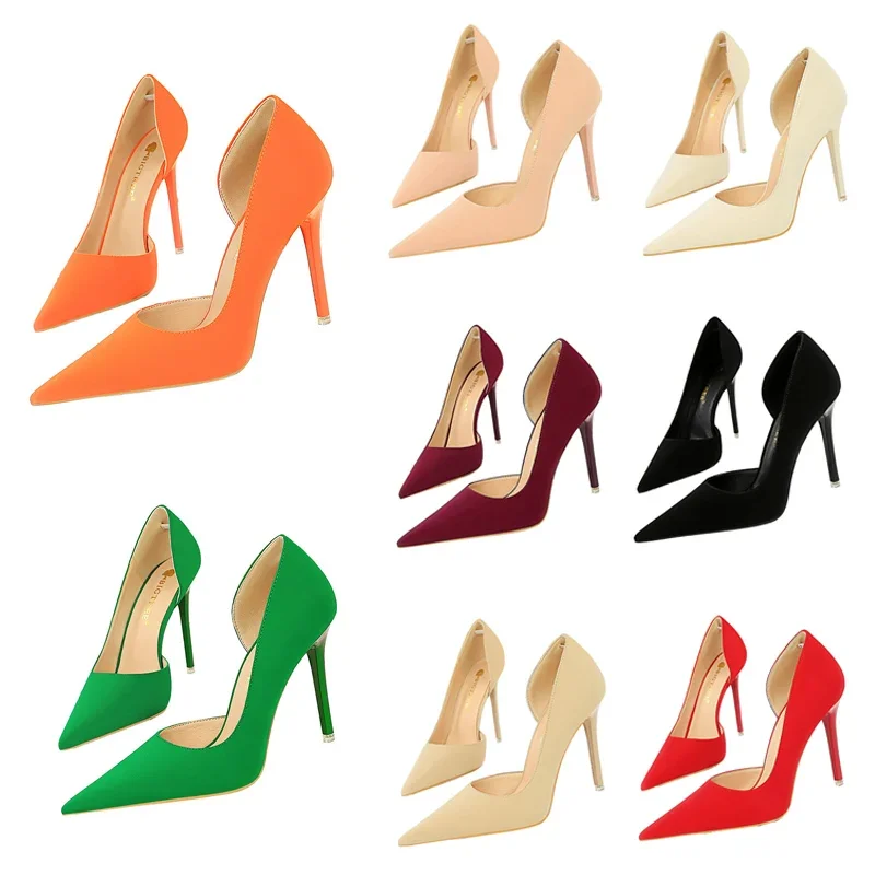

Women 11cm High Heels Vintage Party Socialite Pumps Lady Pink Orange Heels Classic Side Hollow Formal Occasion Shoes Large Size