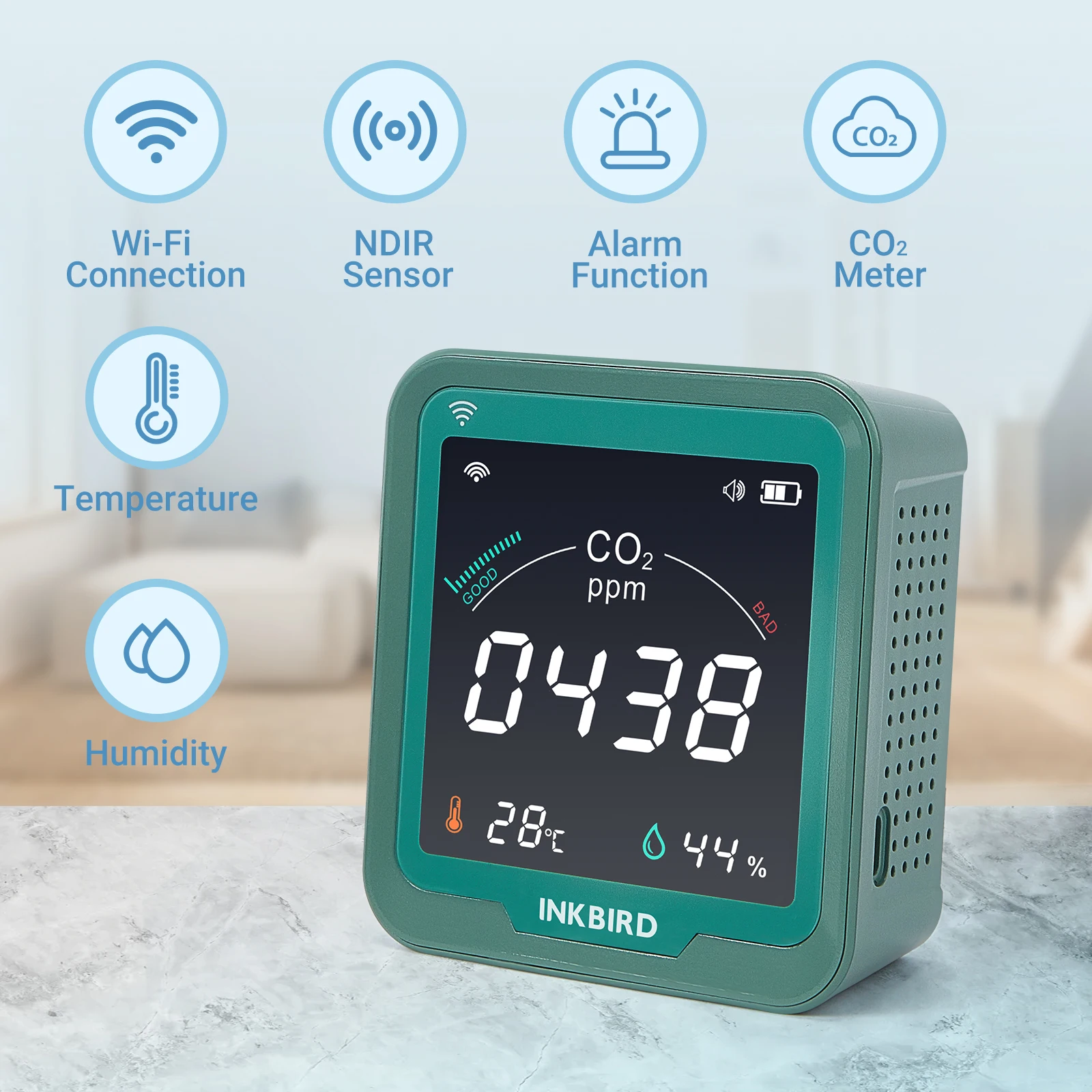 INKBIRD Wireless Carbon Dioxide Detector Temperature Humidity CO2 3-In-1 Air Quality Monitor Household Real Time CO2 Meter