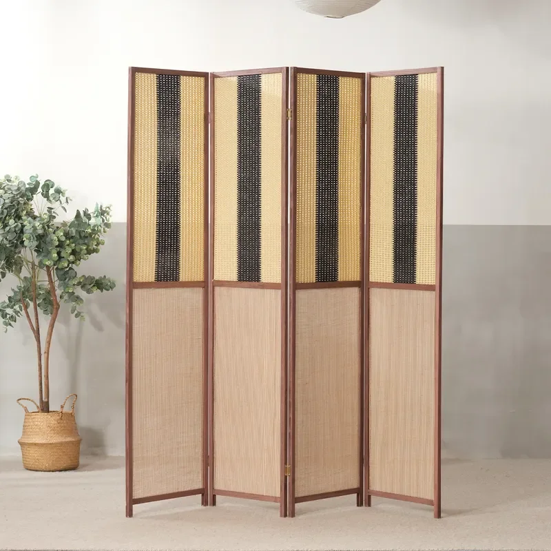 Solid Wood Paper Rattan Screen Partition Foldable Room Divider for Living Room Hotel Entrance Dining Background Mobile Rental