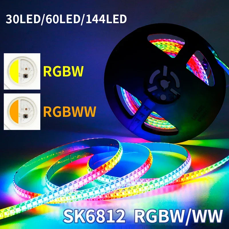 A tira clara conduzida flexível, rgbw rgbw rgbww 4 cores em 1, sk6812 ic, 60 pixels/m, smd 5050, rgb, branco, 5v, 12v