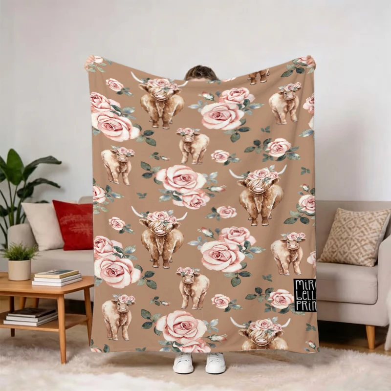 Highland Cow Rose Flower Rustic Vintage Fleece Blanket For Farmhouse Bedroom Decor Lightweight Plush Throw Blanket Cover
