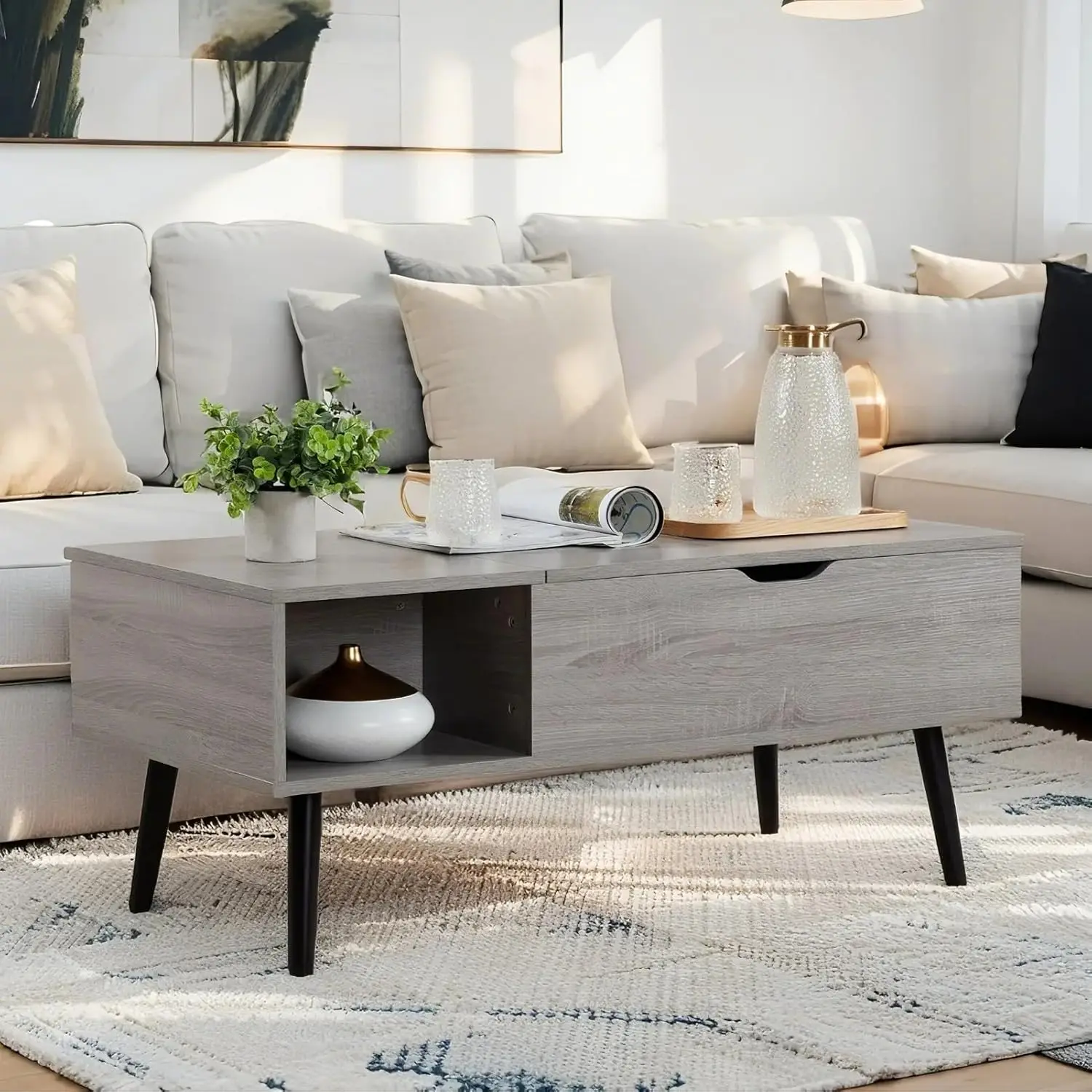 Coffee Table, 39" Wood Lift Top Coffee Table with Hidden Compartment Wood Coffee Desk with Storage Shelf Lift