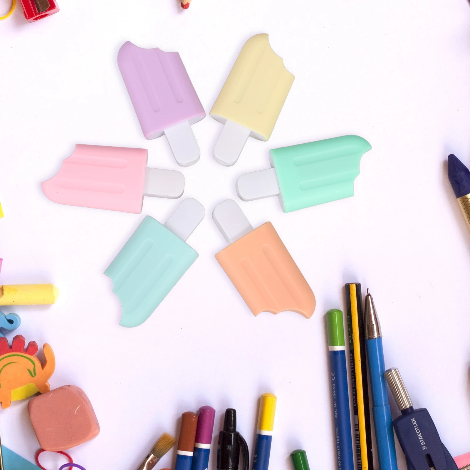 

6pcs Colorful Highlighters Fluorescent Pens Cute Ice Cream Shape Assorted Colors Students Marking Supplies For School Office