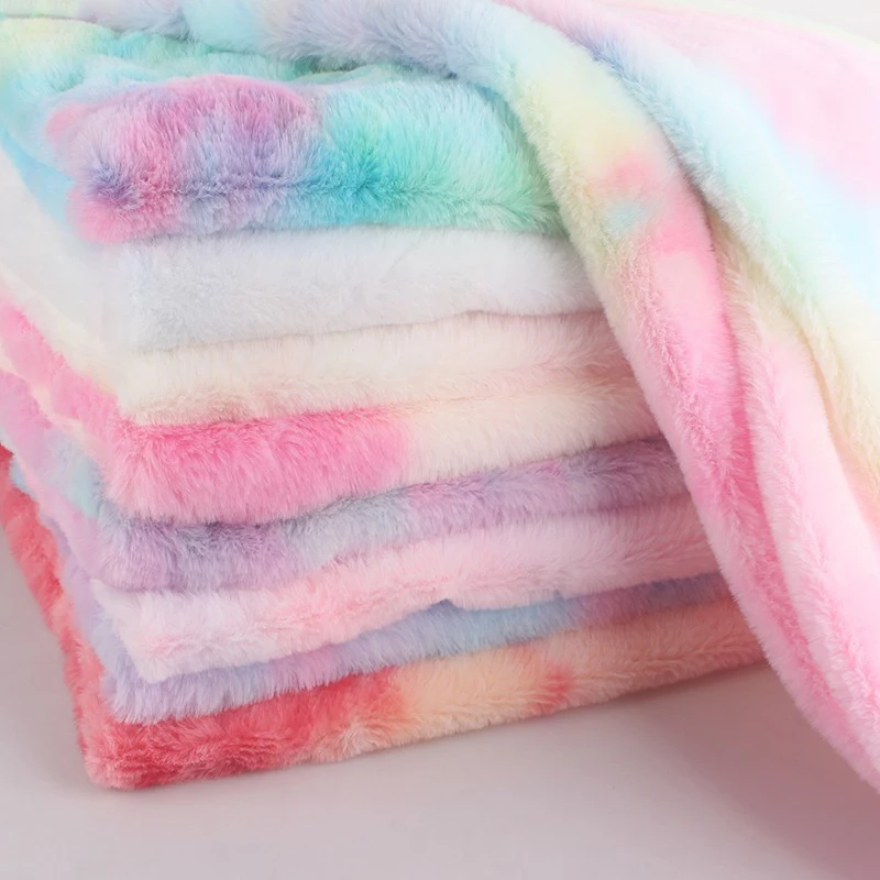 1M Shaggy Tie Dye Faux Rabbit  Fur Fabric Gradient Rainbow Fluffy Fur Fabric For Diy Sewing Clothes Scarf Carpet Cosplay Costume