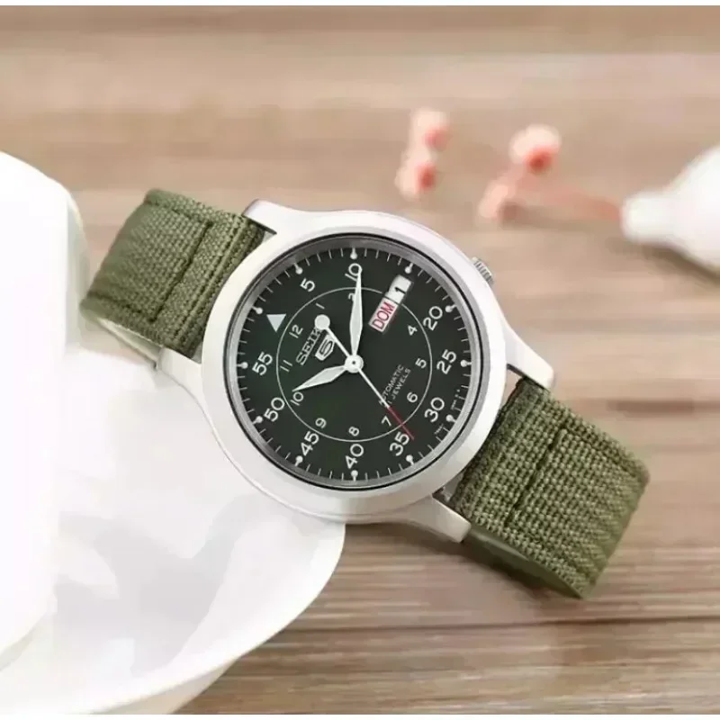 Original SEIKO Watch SNK805 Seiko 5 Series Watches for Men Stainless Steel with Green Canvas Watch Strap Luxuy Wristwatches