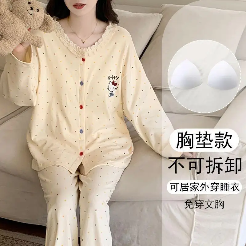 

Женский пижамный комплект Sanrio Hello Kitty, весенне-осенний встроенный бюстгальтер с длинными рукавами, новый стиль, милая студенческая домашняя одежда для дома, одежда для сна