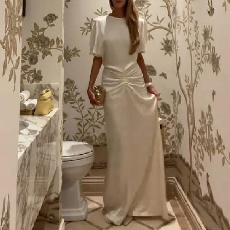 

Elegant Lady Solid Color Slim Party Dresses Leisure O-neck Short Sleeve Satin Dresses Summer Backless Pleated Commute Maxi Dress