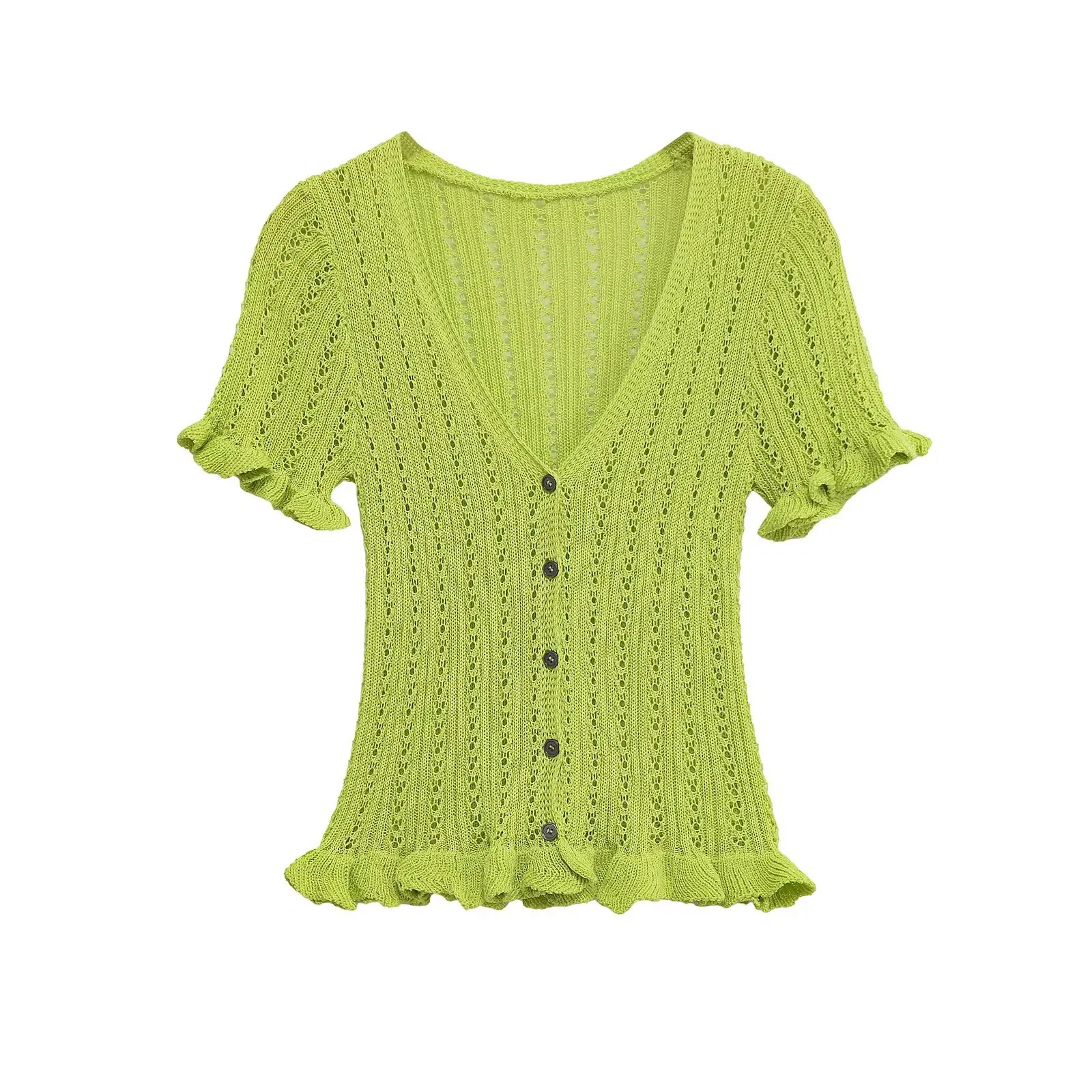 

MYST&ZA2025 summer new women's casual fashion comfortable layered decorative jacquard mesh knitted V-neck short-sleeved jacket