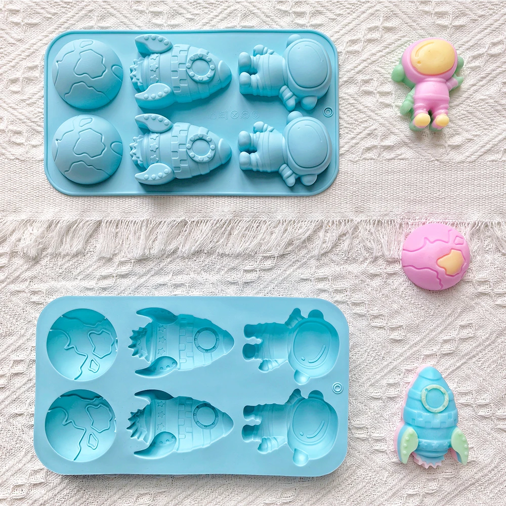 Creative Space Theme Silicone Cake Mold 6-Chamber 3D Astronaut Rocket Earth Mold for Chocolate Candy Cake Decoration Mousse