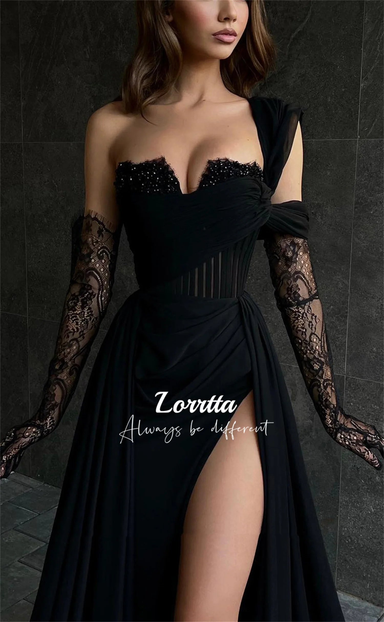 

Lorrtta Black Ball Gown Side Slit Evening Gown One Shoulder Wedding Party Dress Luxury Long Graduation Dresses Women's Prom Gala