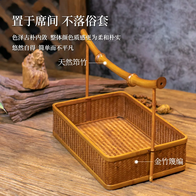 

Chinese Style Bamboo Handmade Bamboo Antique Portable Tea Tray Rectangular Round Cabas Fruit Basin Tea Cake Tray Storage Box