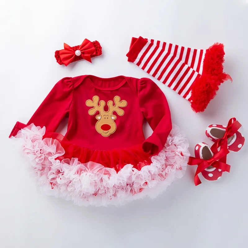 

Christmas Baby Girl Holiday Outfit Infant Spring Autumn Long Sleeve Red Green Romper Dress Princess Jumpsuit Four-Piece Set