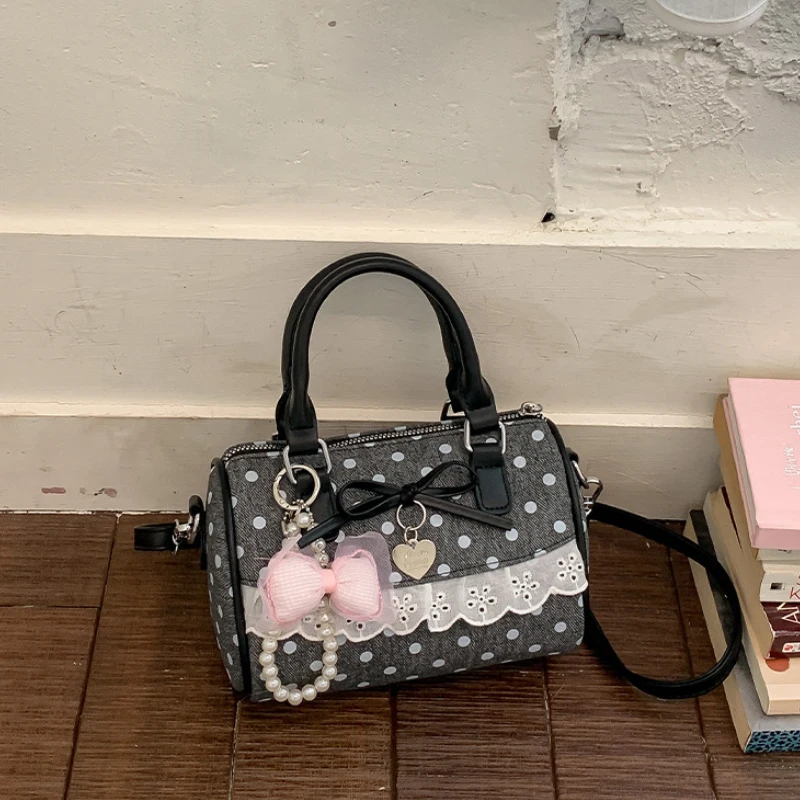 Koreanische Polka Dot Bowknot Patchwork Hobo Umhängetasche, Damenhandtasche, vielseitige, leichte, kleine quadratische Tragetasche für den Arbeitsweg – Detail 17